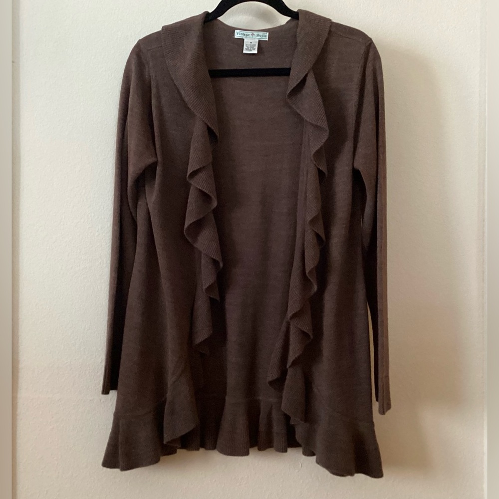 Vintage Suzie Women’s Cardigan Sweater Ruffled Open Front Brown Size Medium